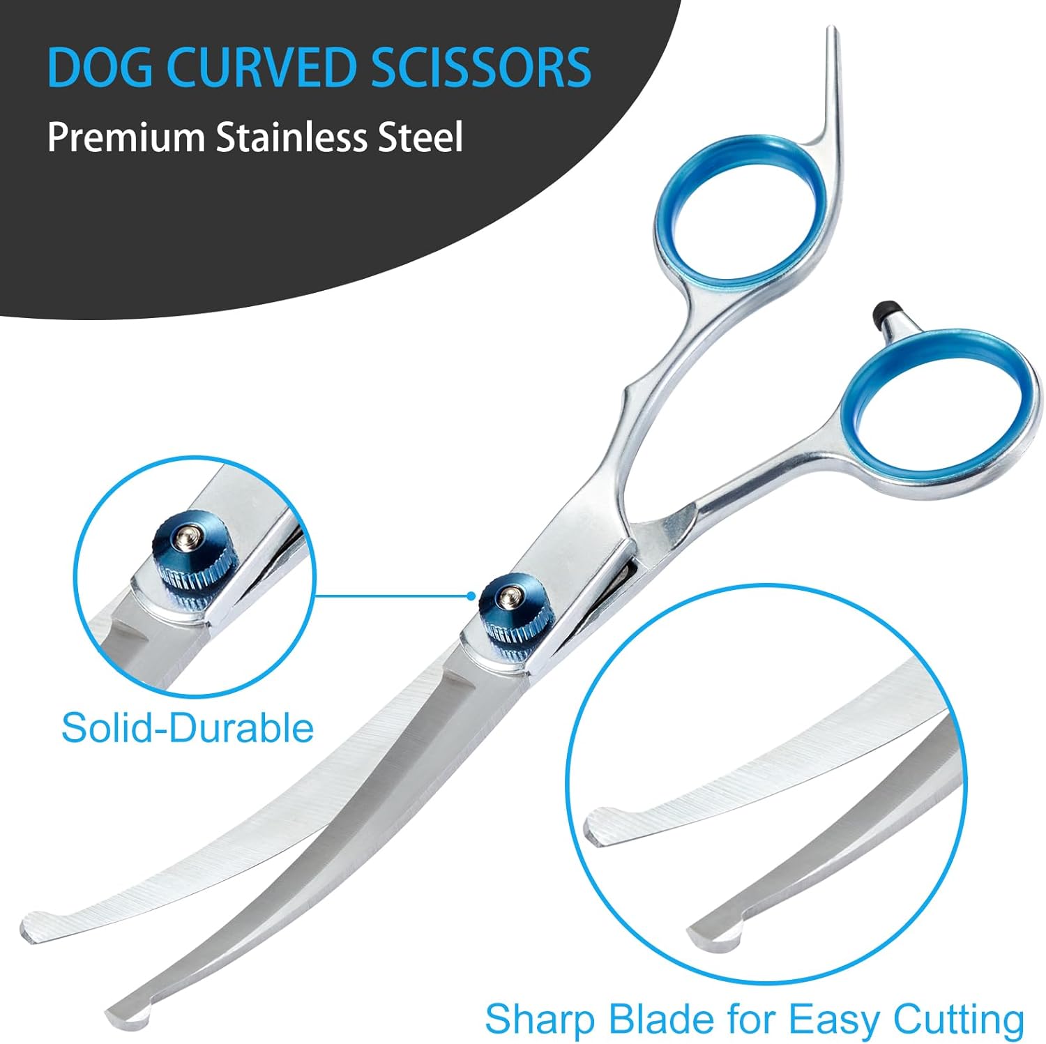 Straight stainless steel dog hair cutting scissors with blunt safety rounded tips.