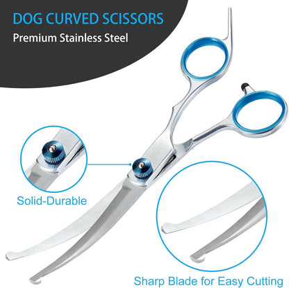 Straight stainless steel dog hair cutting scissors with blunt safety rounded tips.