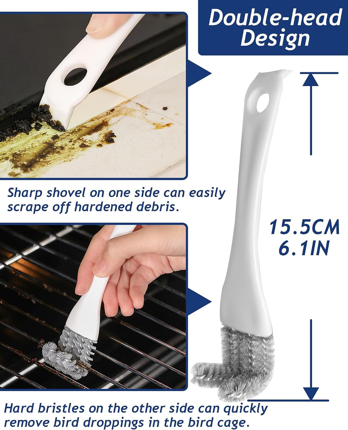 Dual head bird cage brush cleaning tight wire crevices and corners.