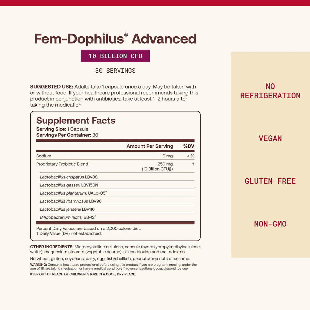 Jarrow Formulas Fem-Dophilus Advanced ingredient breakdown view