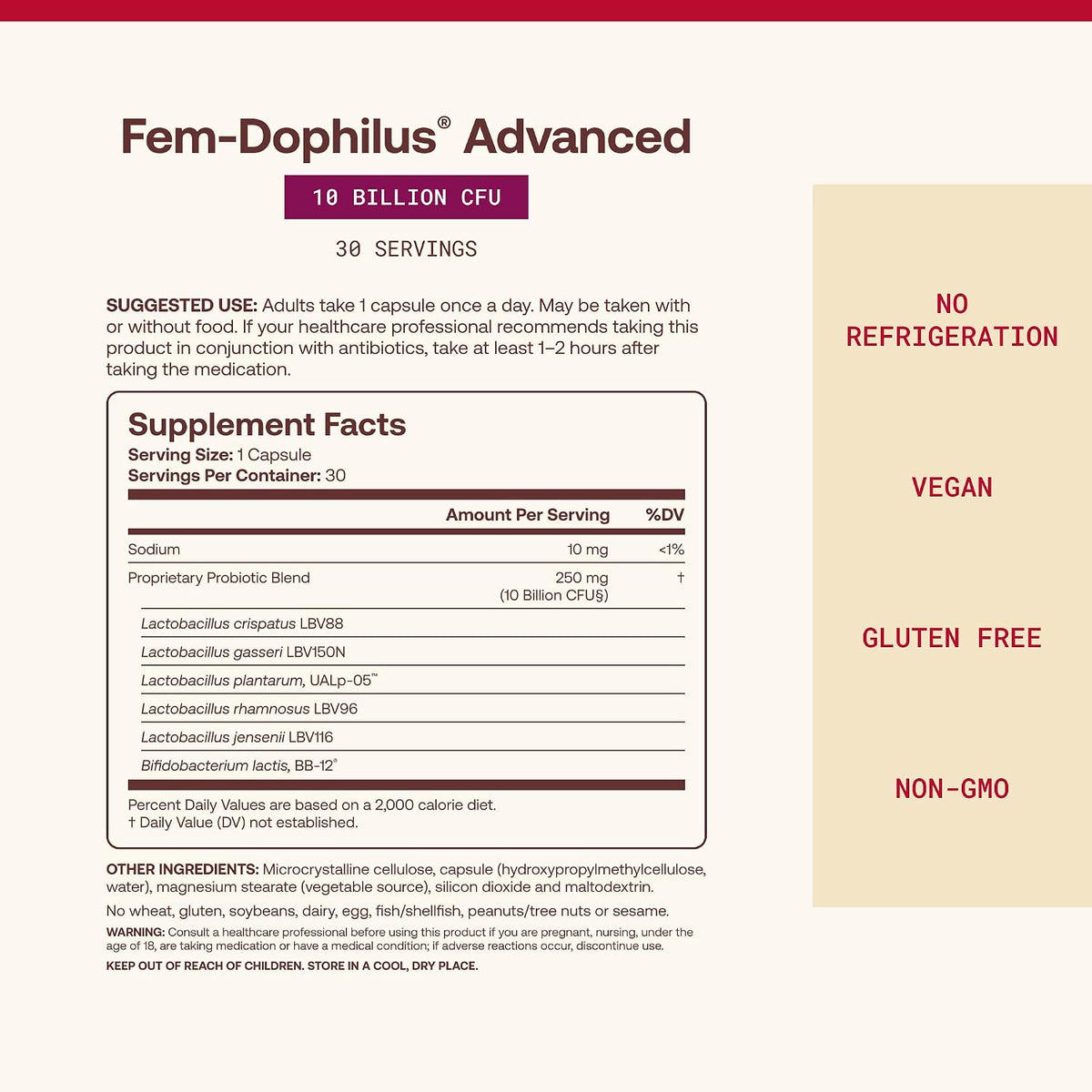 Jarrow Formulas Fem-Dophilus Advanced ingredient breakdown view