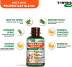 Natural pest prevention support supplement bottle next to healthy dog and cat.