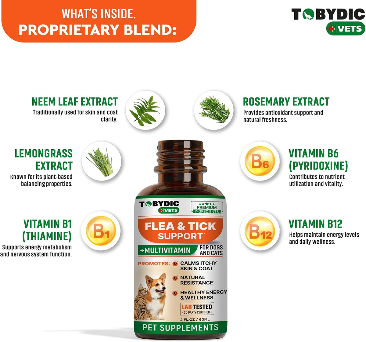 Natural pest prevention support supplement bottle next to healthy dog and cat.