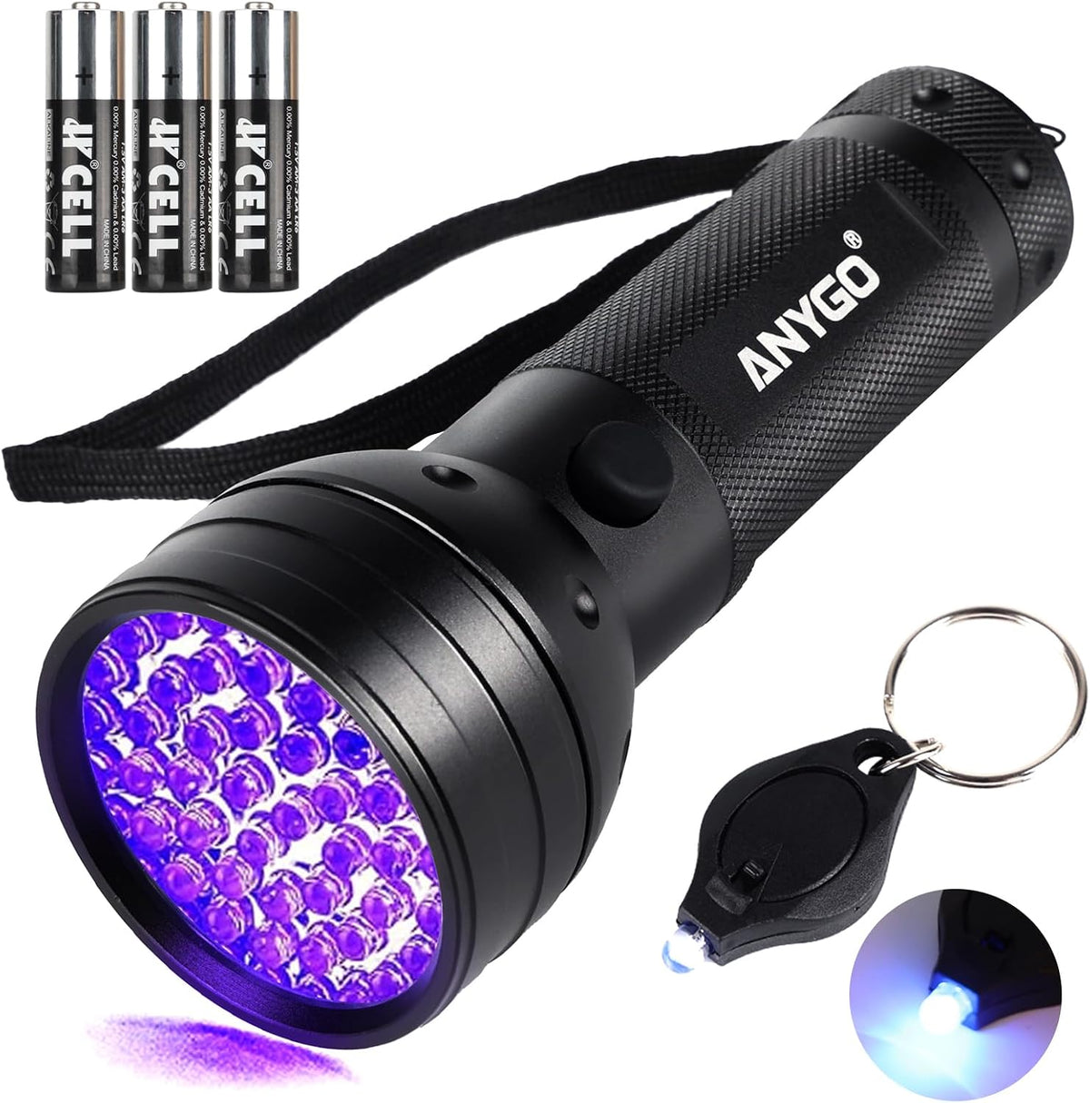 Anygo 51 LED UV black light flashlight front view showing the premium textured aluminum body.