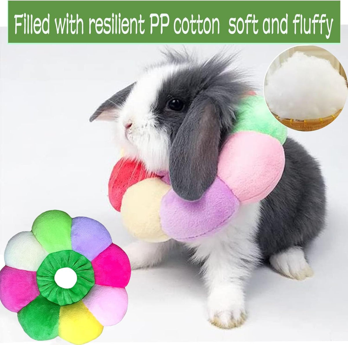 Flower shaped colorful pet recovery donut worn by a small bunny post surgery.