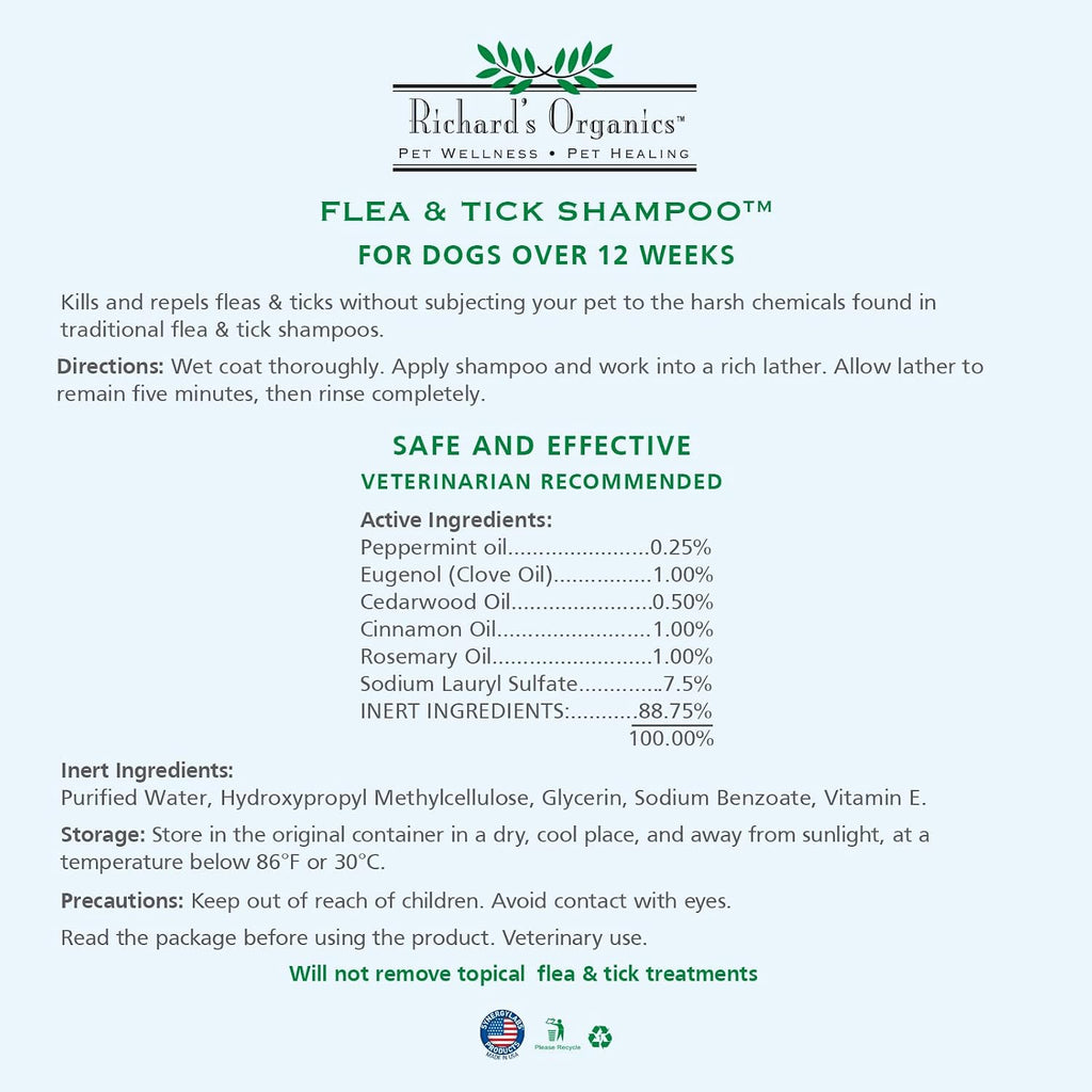 Natural dog flea shampoo with essential oils packaging details