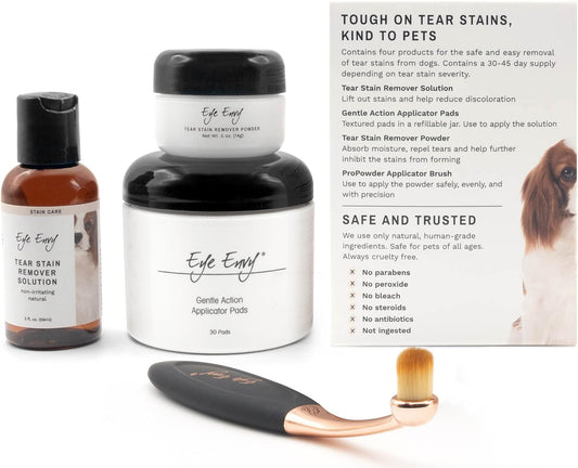 Eye Envy premium pet eye cleaning kit with solution and applicator brush.
