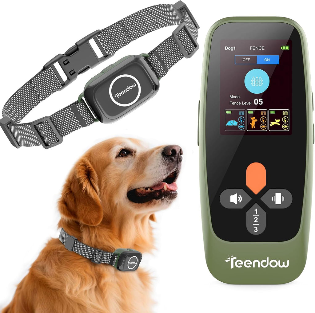 Teendow wireless dog fence system front view with remote transmitter display screen