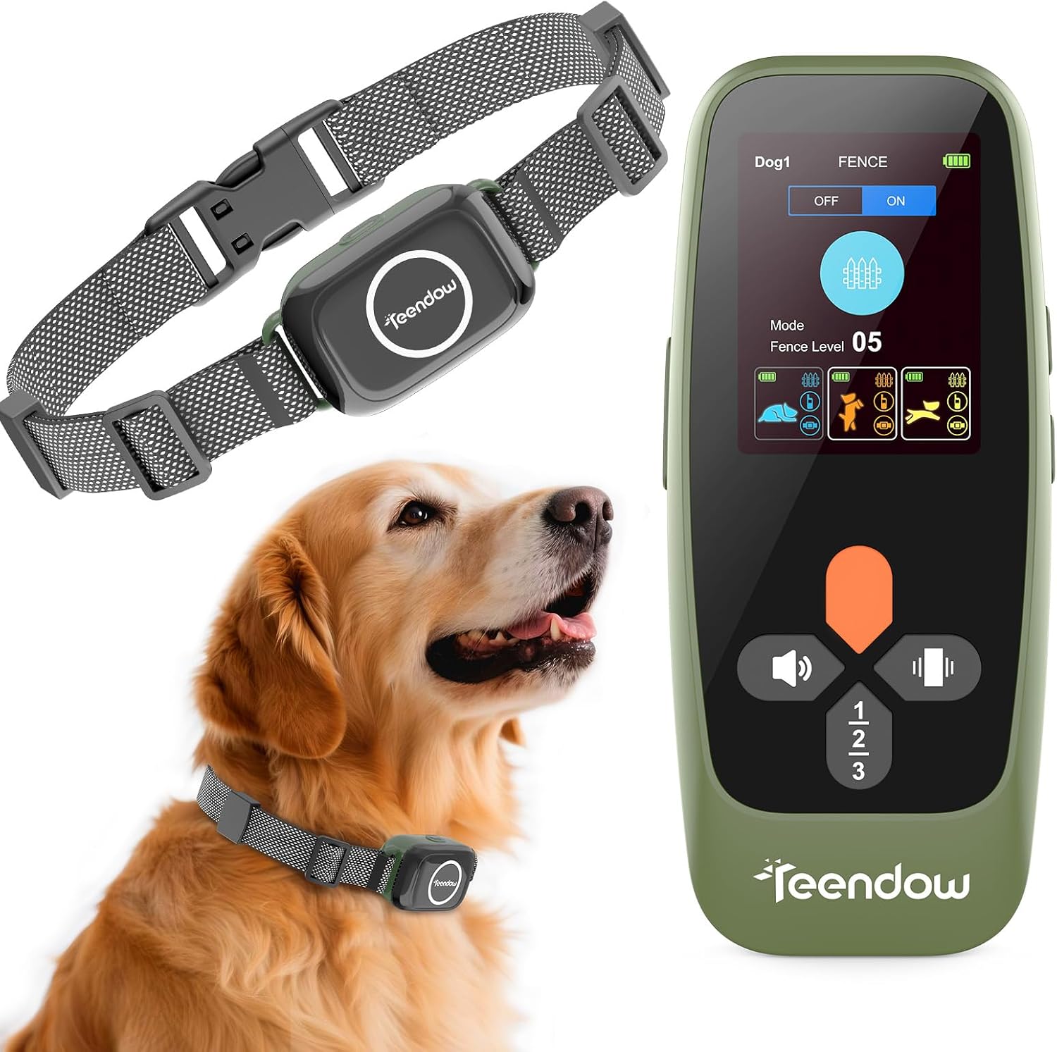 Teendow wireless dog fence system front view with remote transmitter display screen