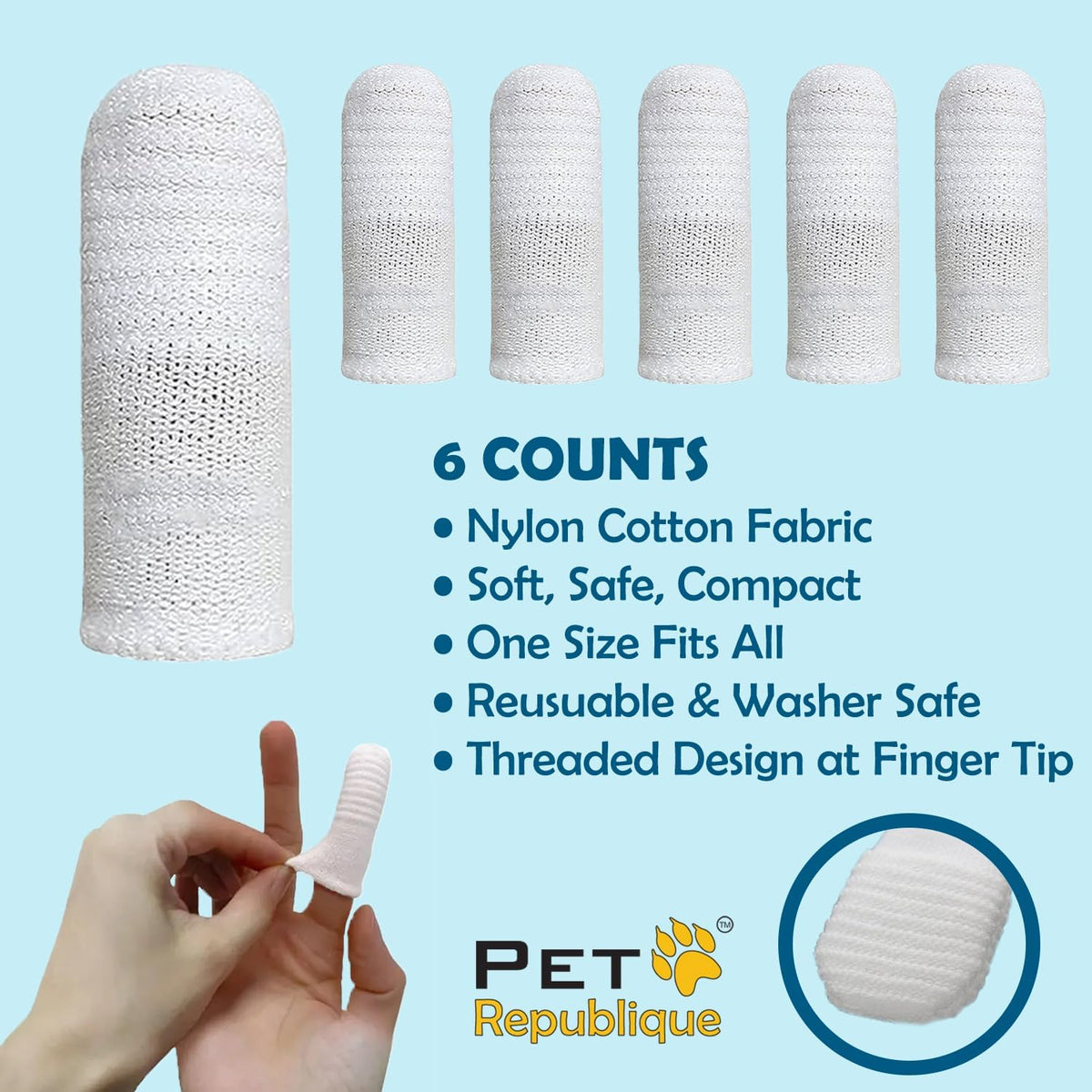 Close up of Pet Republique fabric finger toothbrush on finger