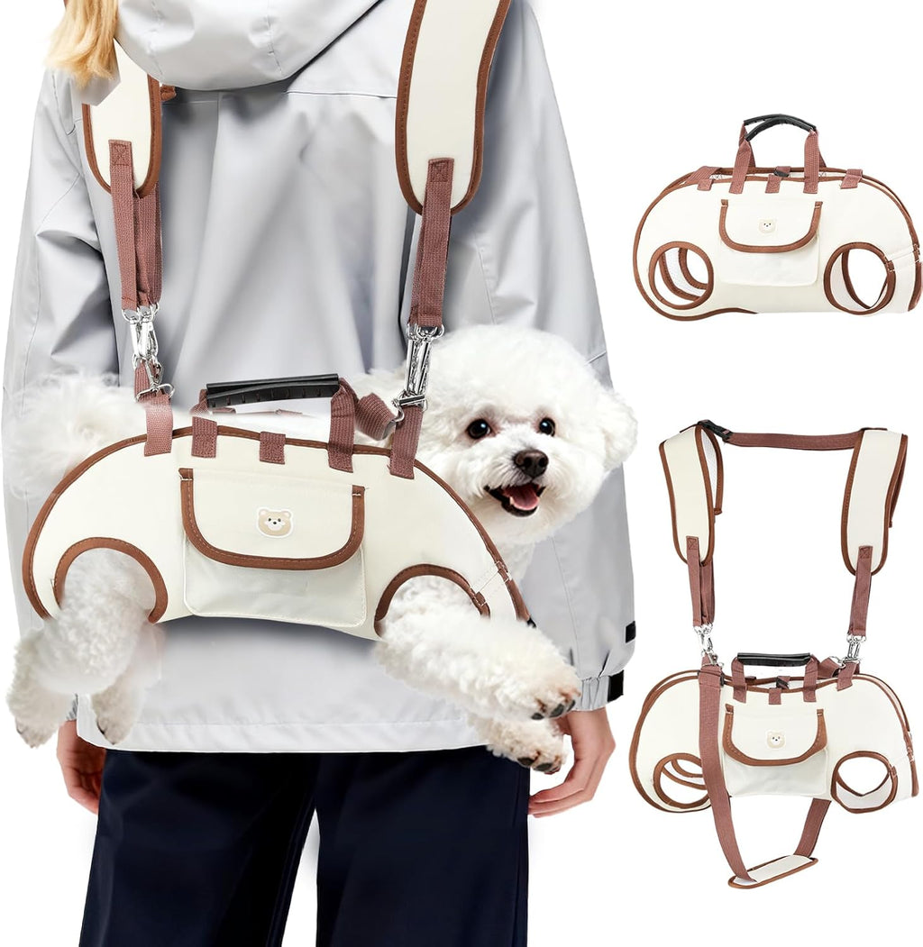 Atiansen Hands Free Dog Backpack Carrier front view featuring the beige and brown pet sling design with adjustable straps.