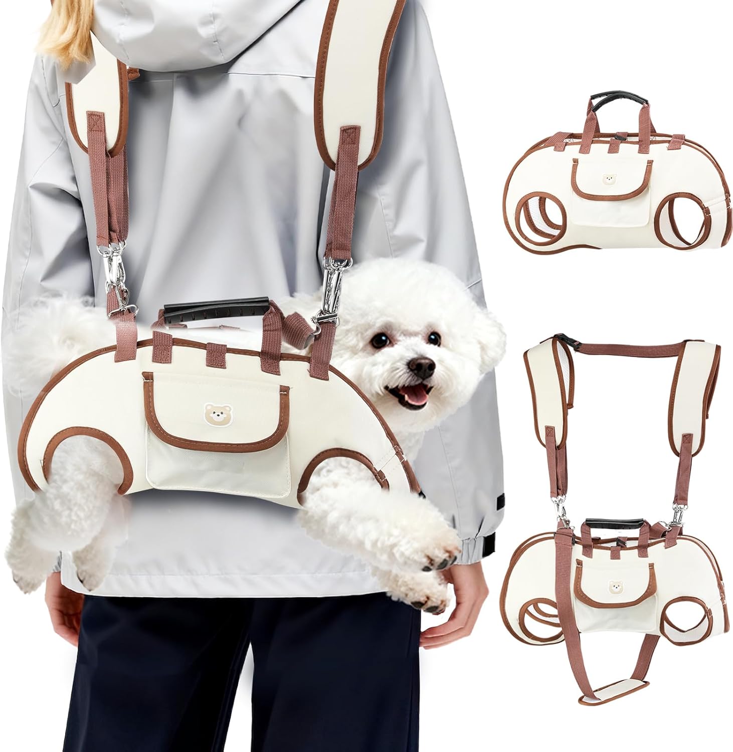 Atiansen Hands Free Dog Backpack Carrier front view featuring the beige and brown pet sling design with adjustable straps.