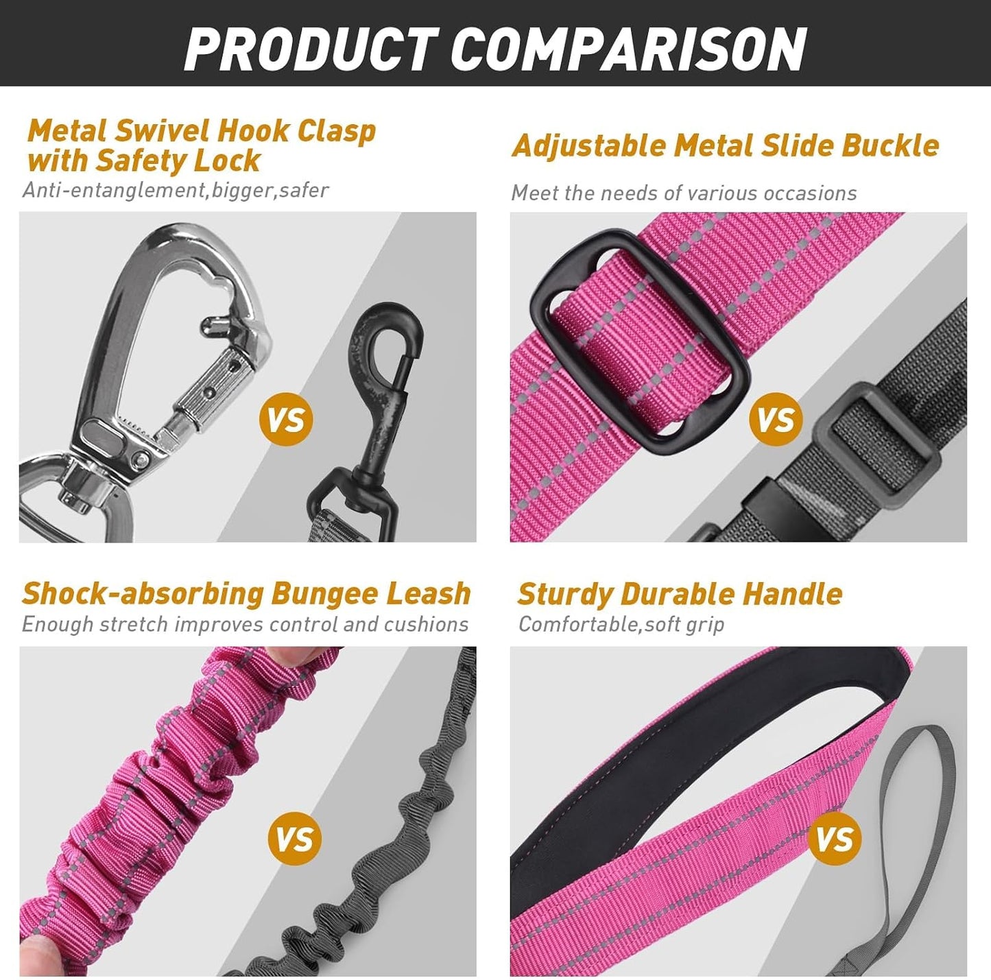 Aubell imported pink tactical dog leash full length view