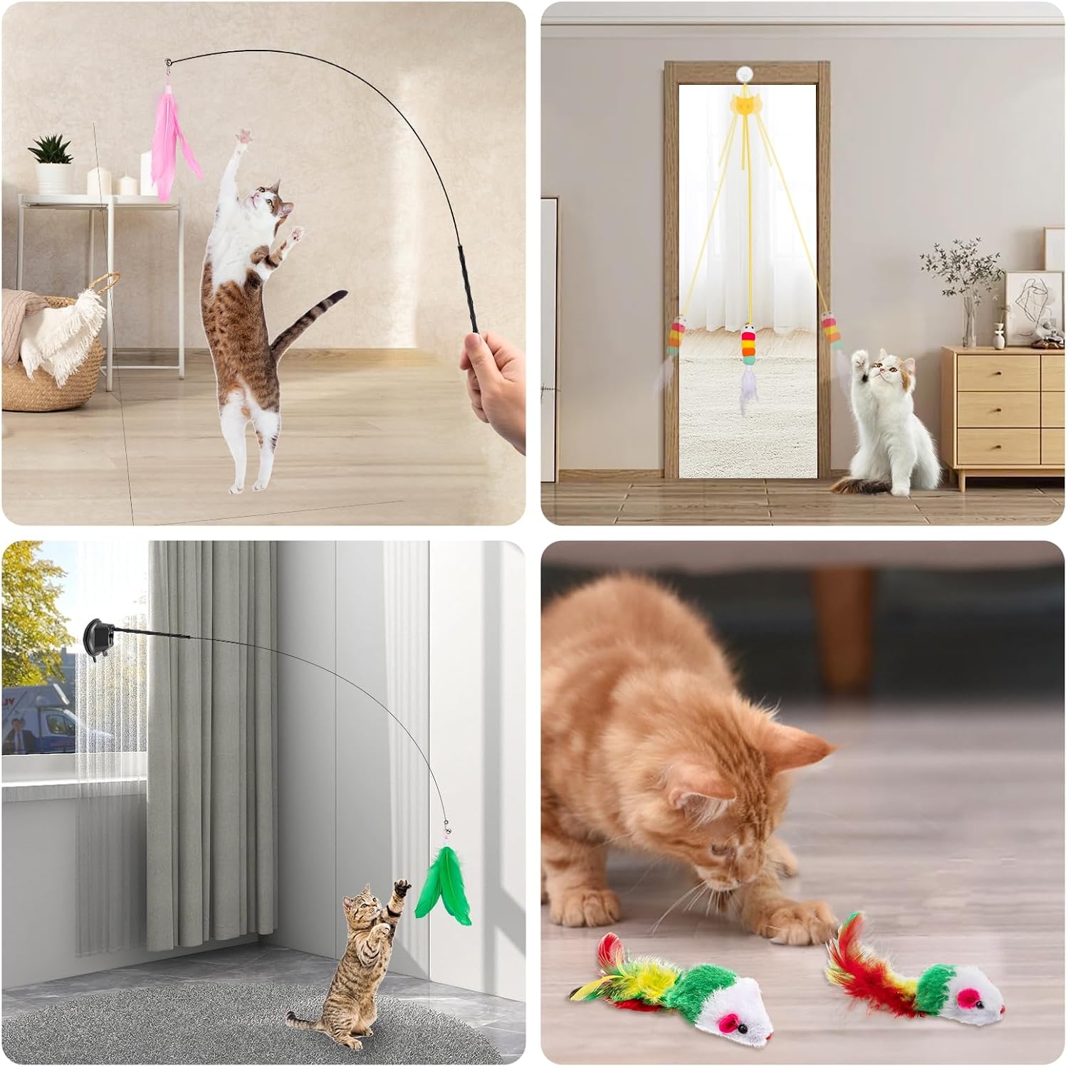 Lightweight bamboo handle teaser wand held by owner playing with a kitten