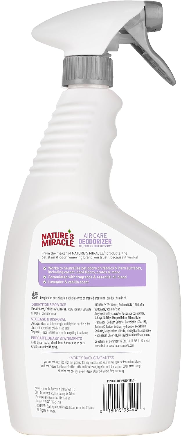 Natures Miracle pet odor eliminator spray bottle label details