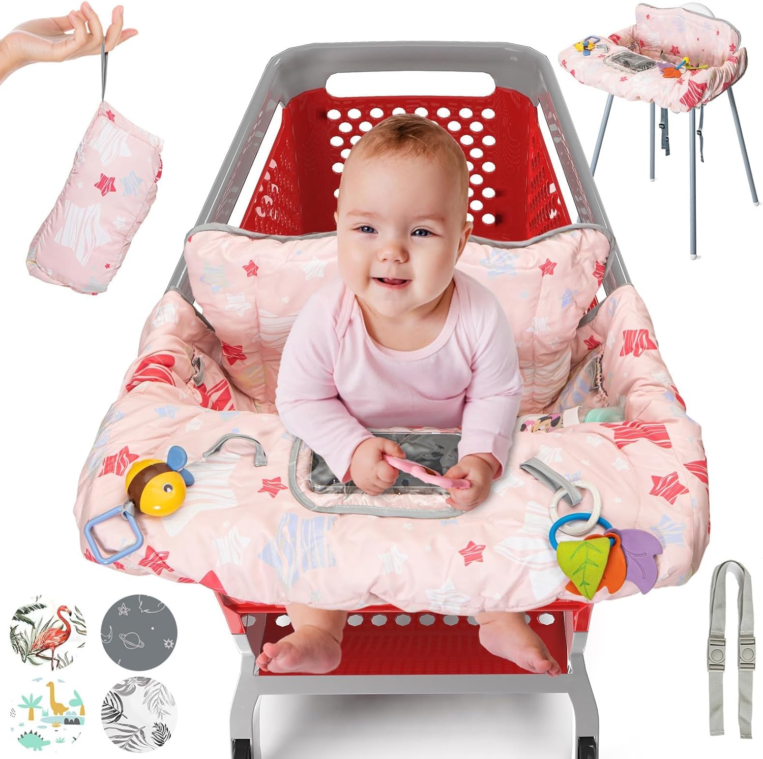 PILLANI shopping cart cover for baby front view showing the padded cotton design on a grocery trolley.