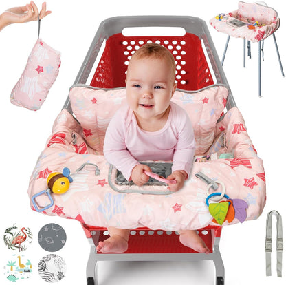 PILLANI shopping cart cover for baby front view showing the padded cotton design on a grocery trolley.
