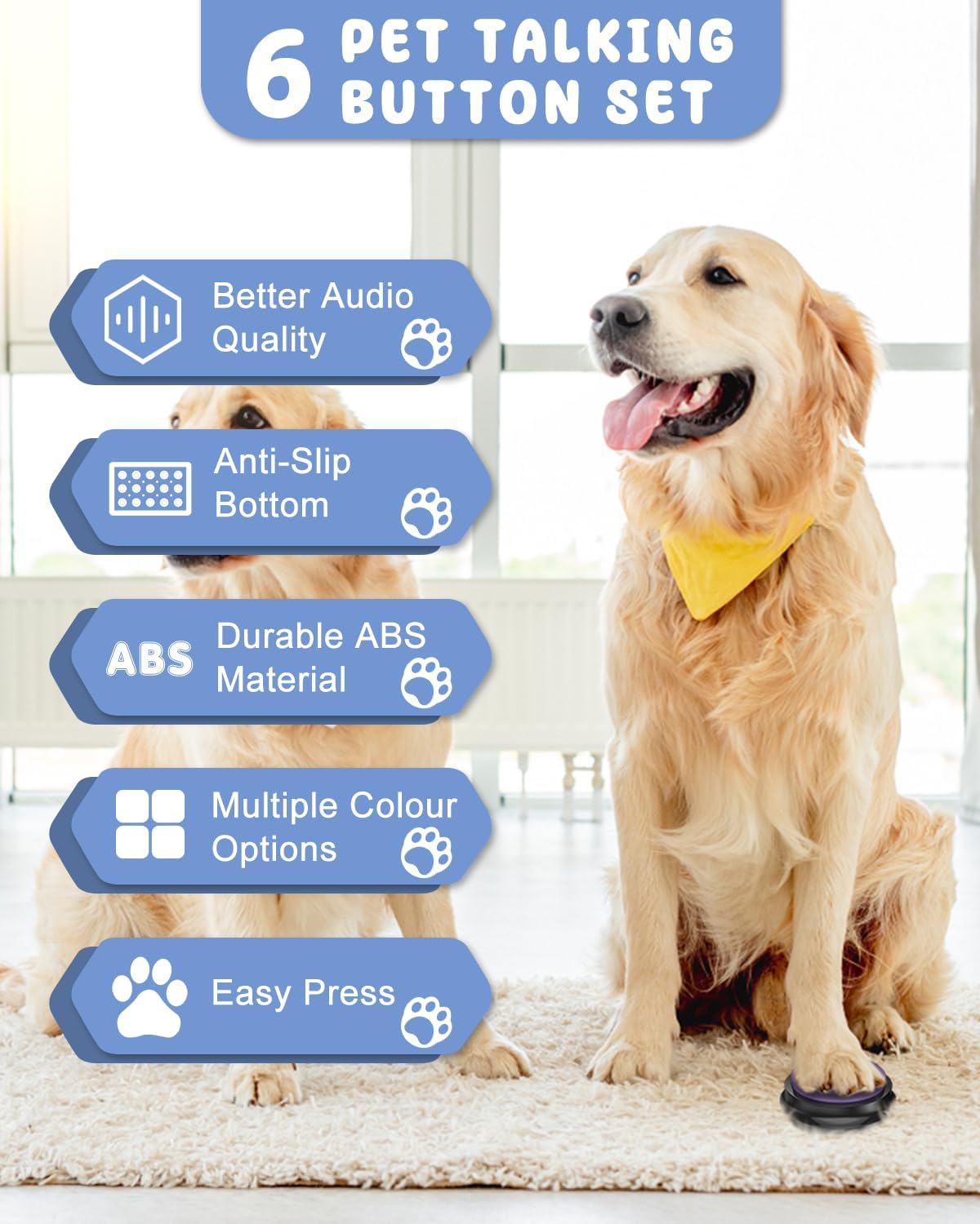 Six multi colored recordable pet training buzzers neatly organized on a black rubber mat.