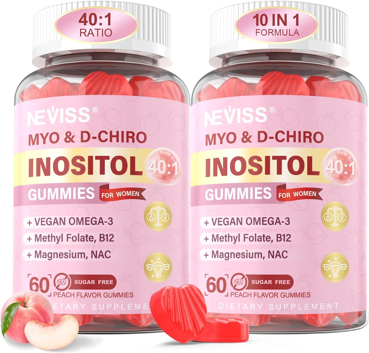 Neviss Myo-Inositol and D-Chiro Inositol Gummies front view of two pack bottles for female hormonal health
