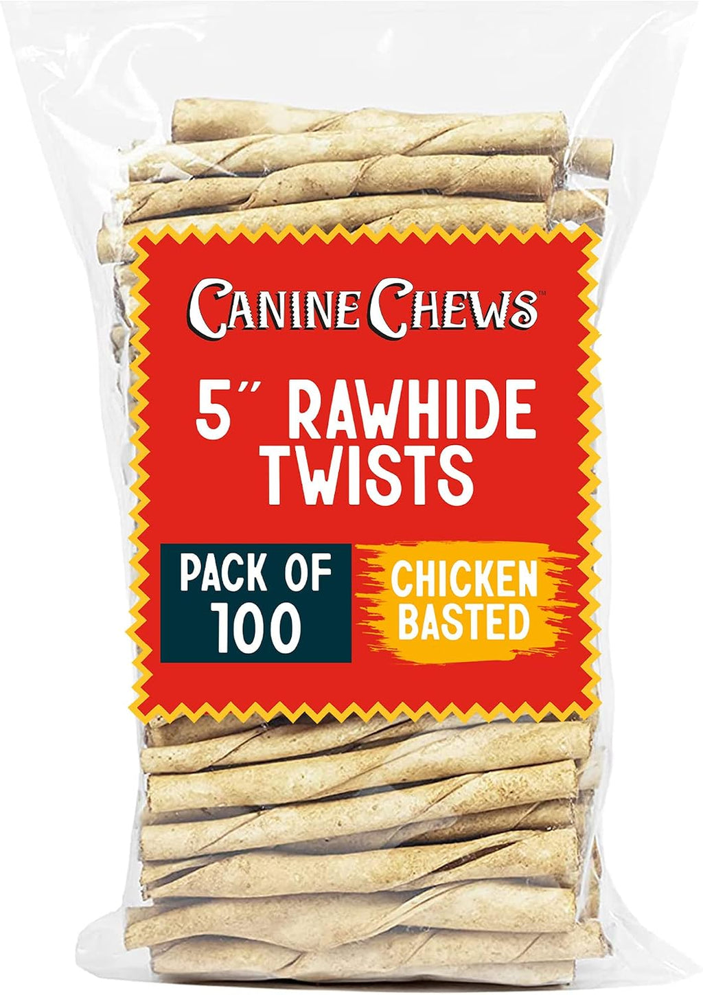 Small dog enjoying Canine Chews beef flavored rawhide