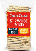 Small dog enjoying Canine Chews beef flavored rawhide