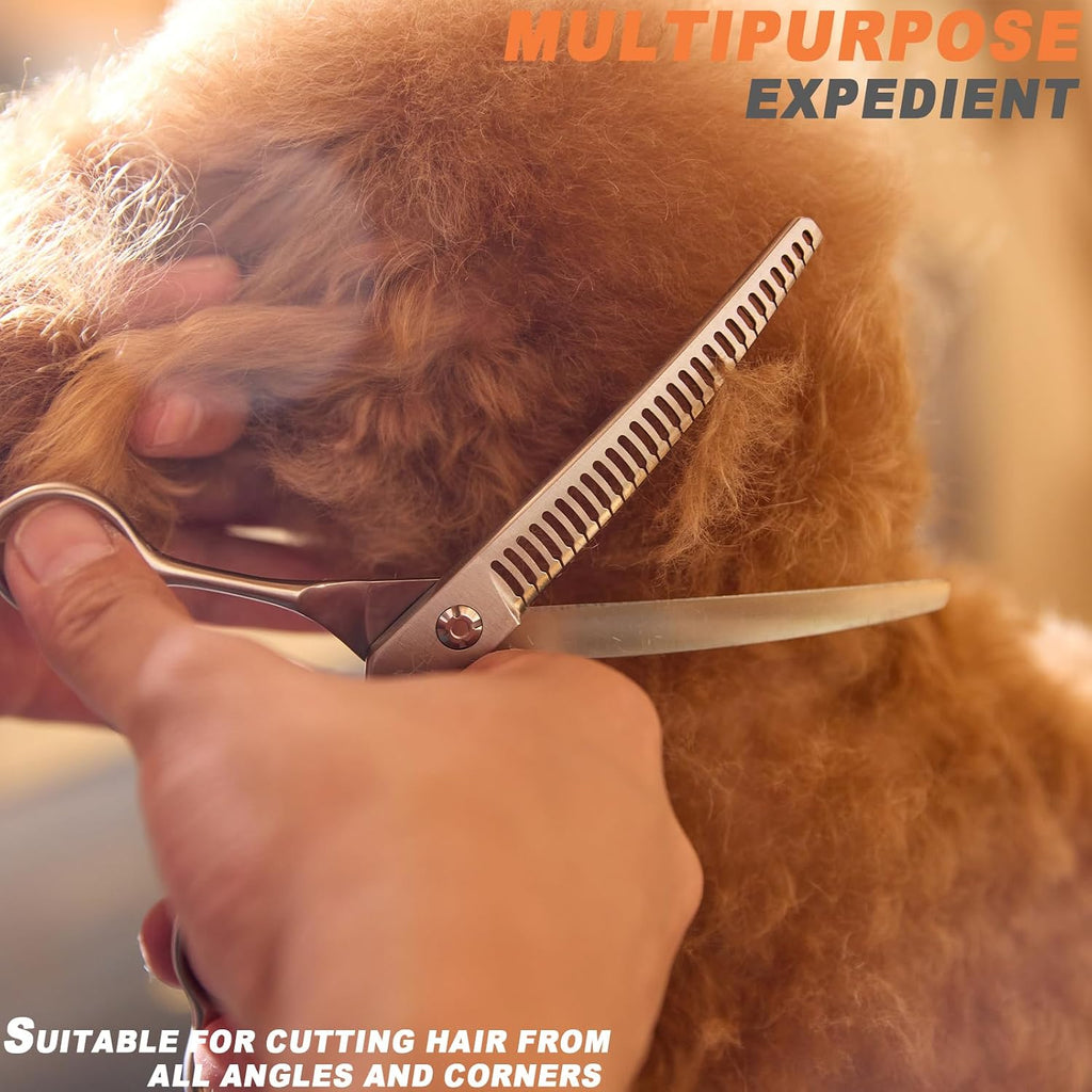 Fengliren stainless steel pet grooming shears close up view of the sharp cutting edge.