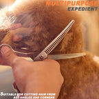 Fengliren stainless steel pet grooming shears close up view of the sharp cutting edge.