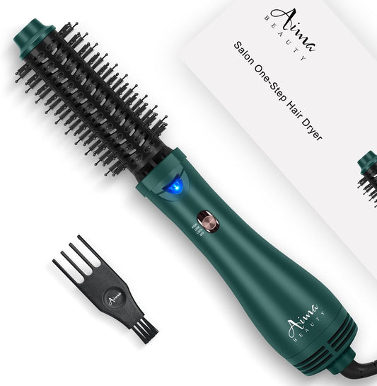 Aima Beauty Hair Dryer Brush front view showcasing the dark green oval barrel and tufted bristles.