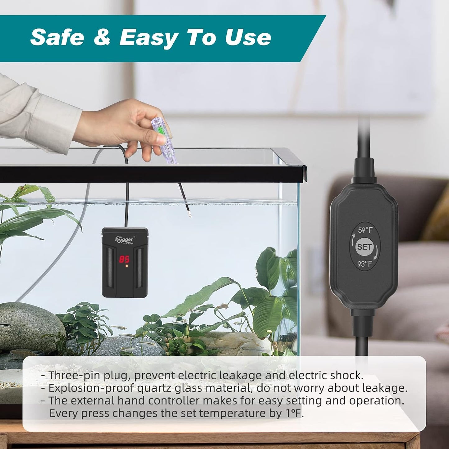 Hygger aquarium heater mounted vertically in glass tank