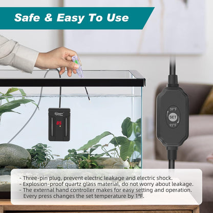 Hygger aquarium heater mounted vertically in glass tank