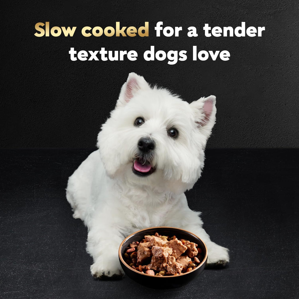 Cesar steak lovers adult wet dog food tray opening demonstration showing rich loaf texture.