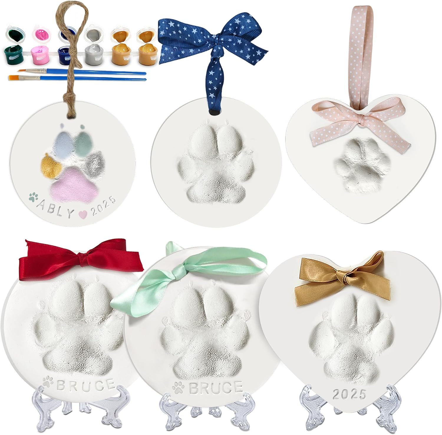 MYPAWLETS pet paw print keepsake kit front view showing retail packaging and completed clay ornaments.