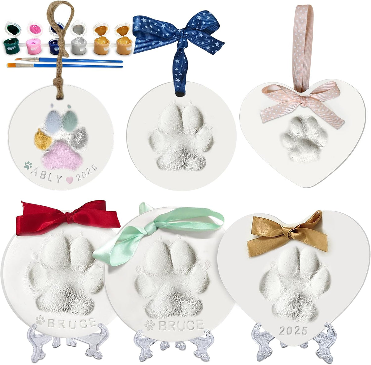 MYPAWLETS pet paw print keepsake kit front view showing retail packaging and completed clay ornaments.