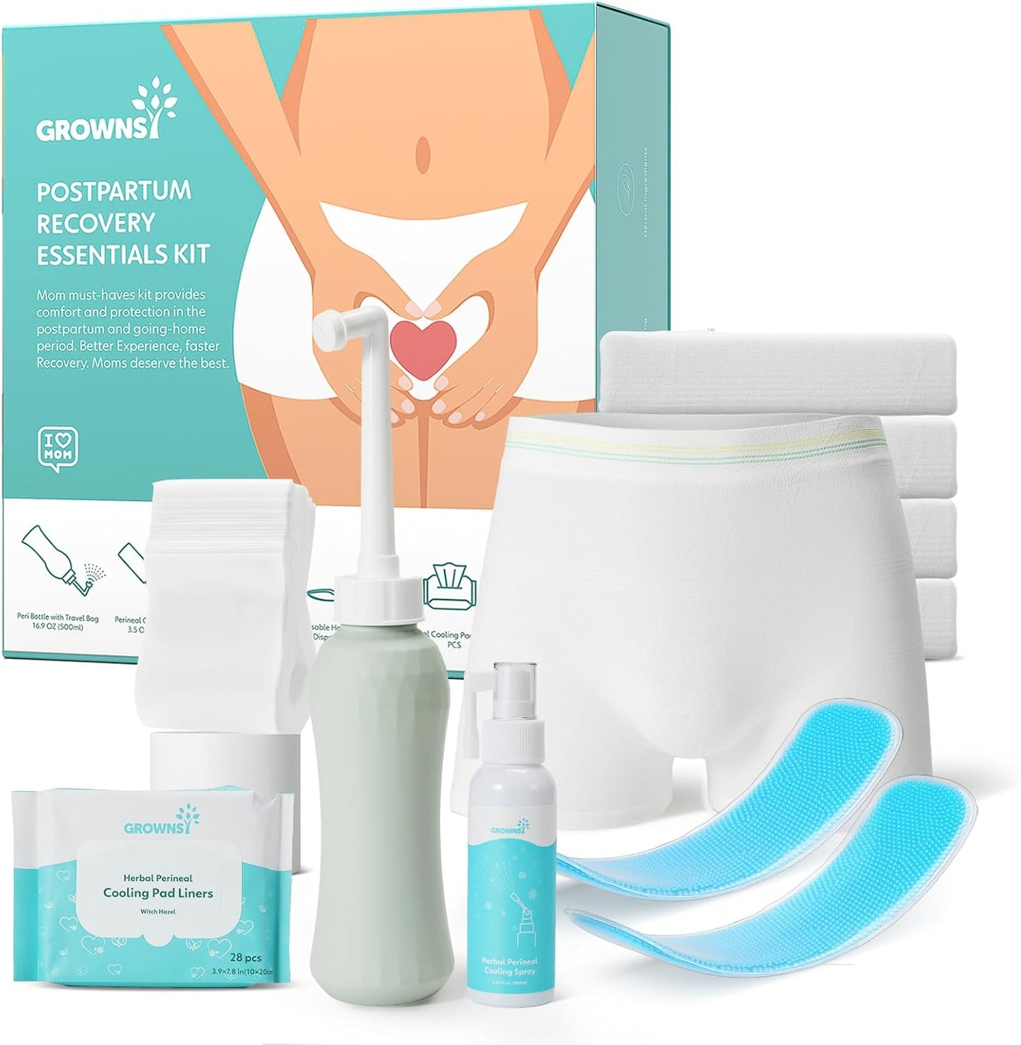 Grownsy Postpartum Essentials Recovery Kit front view showing complete 15 piece set components.