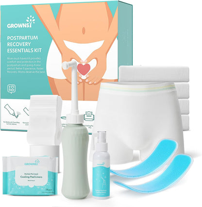 Grownsy Postpartum Essentials Recovery Kit front view showing complete 15 piece set components.