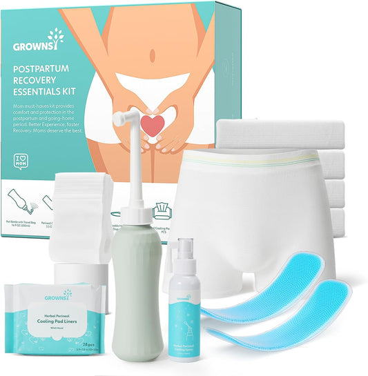 Grownsy Postpartum Essentials Recovery Kit front view showing complete 15 piece set components.