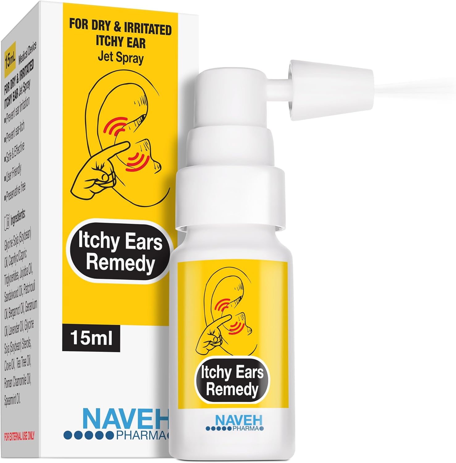 Naveh Pharma Itchy Ears Remedy front view of spray bottle for ear itch relief.