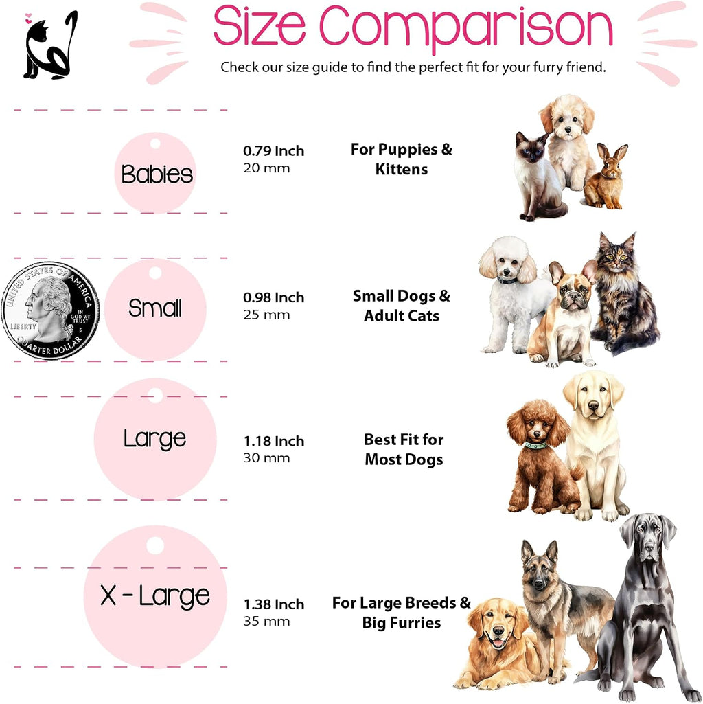 Double sided personalized pet safety tag showing custom contact information