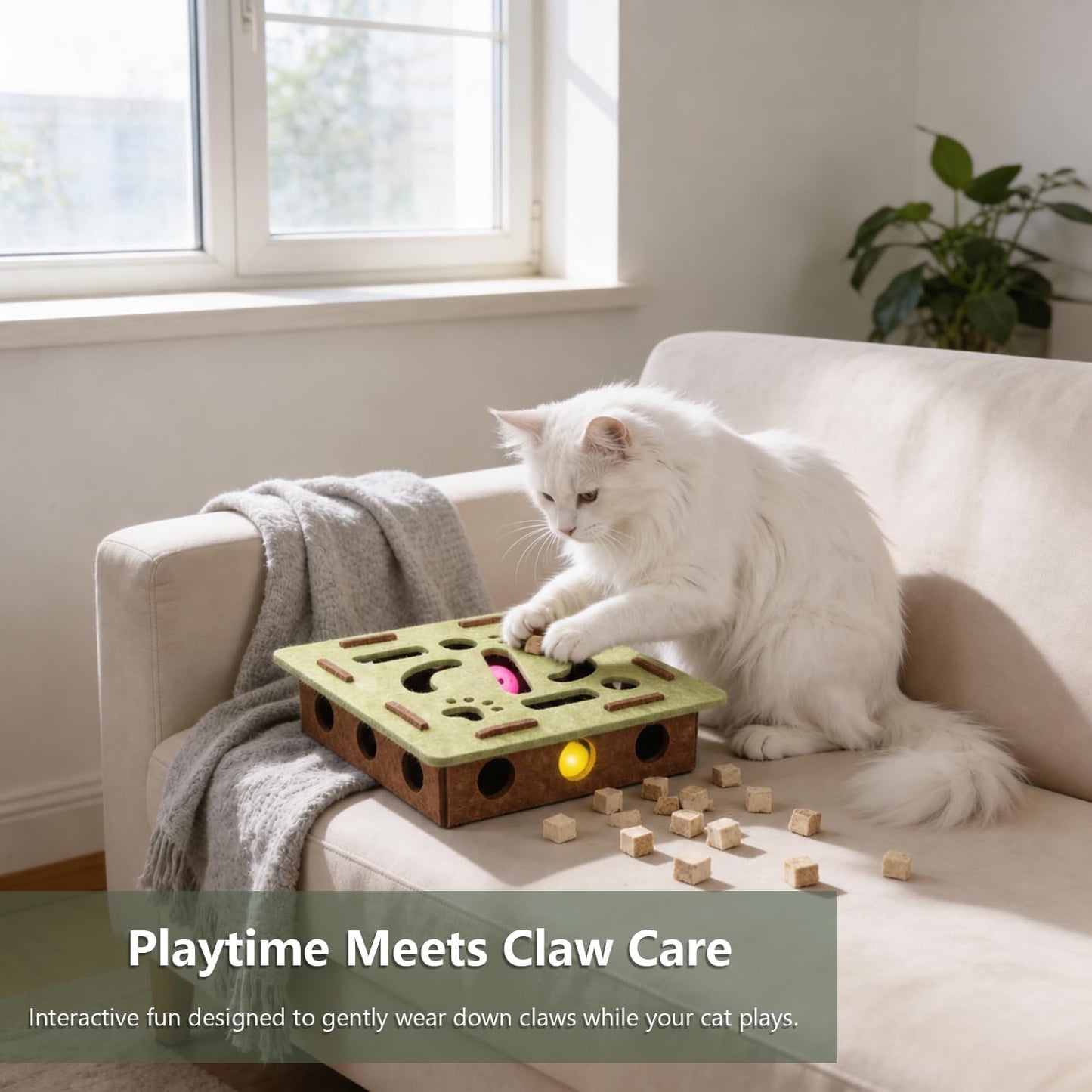 Soft green felt self-play cat maze toy for indoor kitten enrichment.