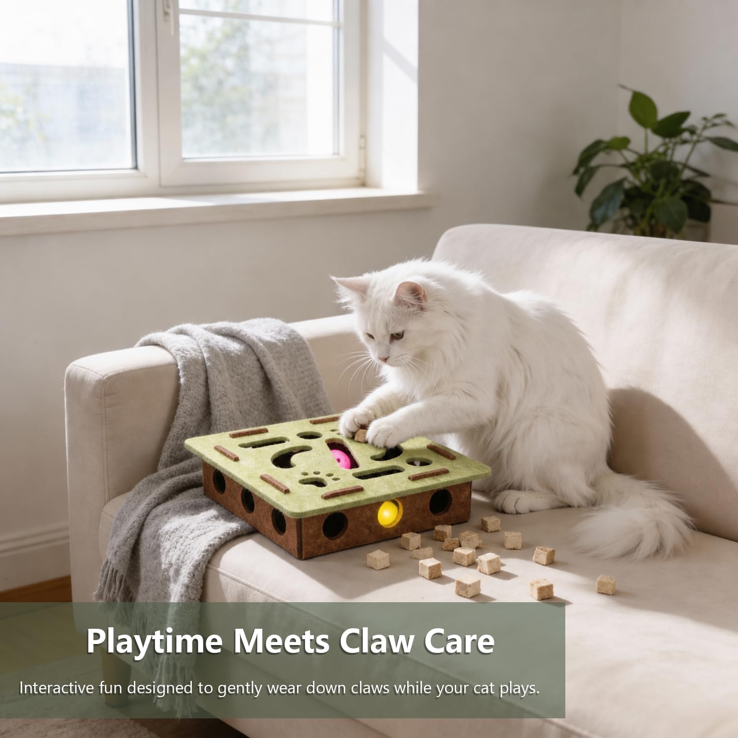 Soft green felt self-play cat maze toy for indoor kitten enrichment.