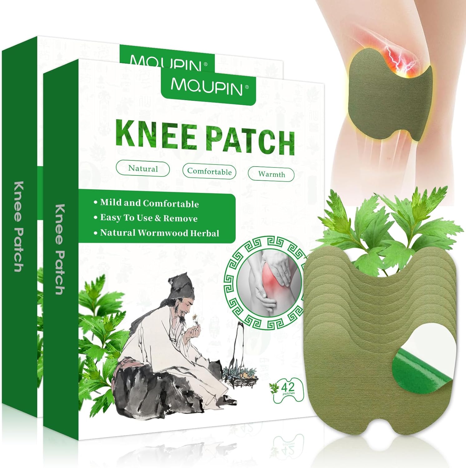 MQUPIN warming herbal knee patches front view pack of eighty four pieces for joint pain relief