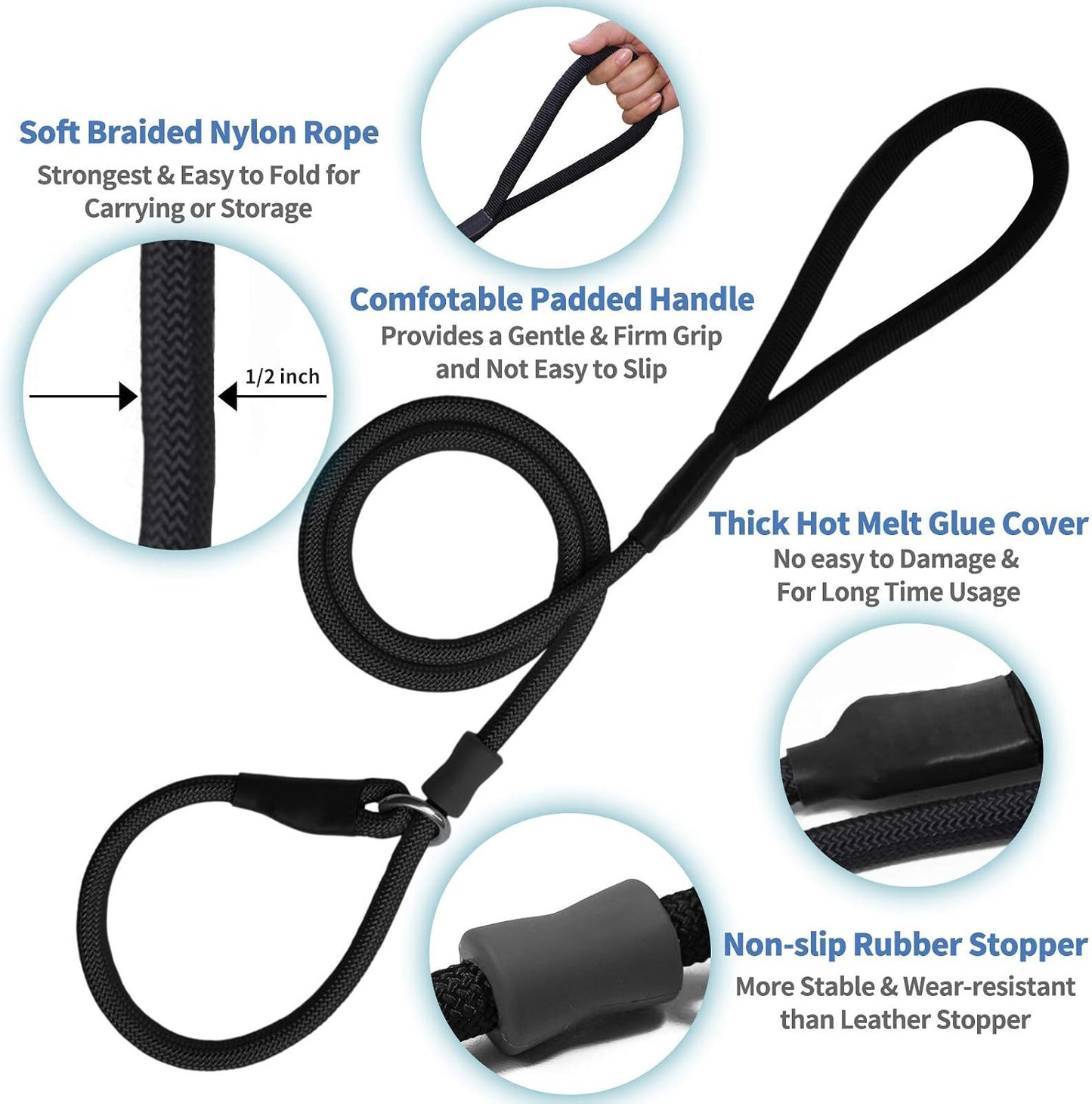 Four feet long black nylon slip lead shown in a full length layout.