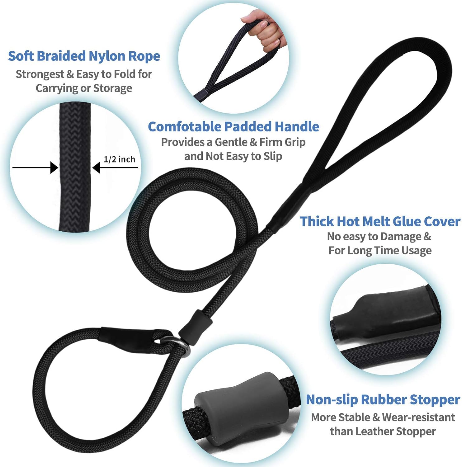 Four feet long black nylon slip lead shown in a full length layout.