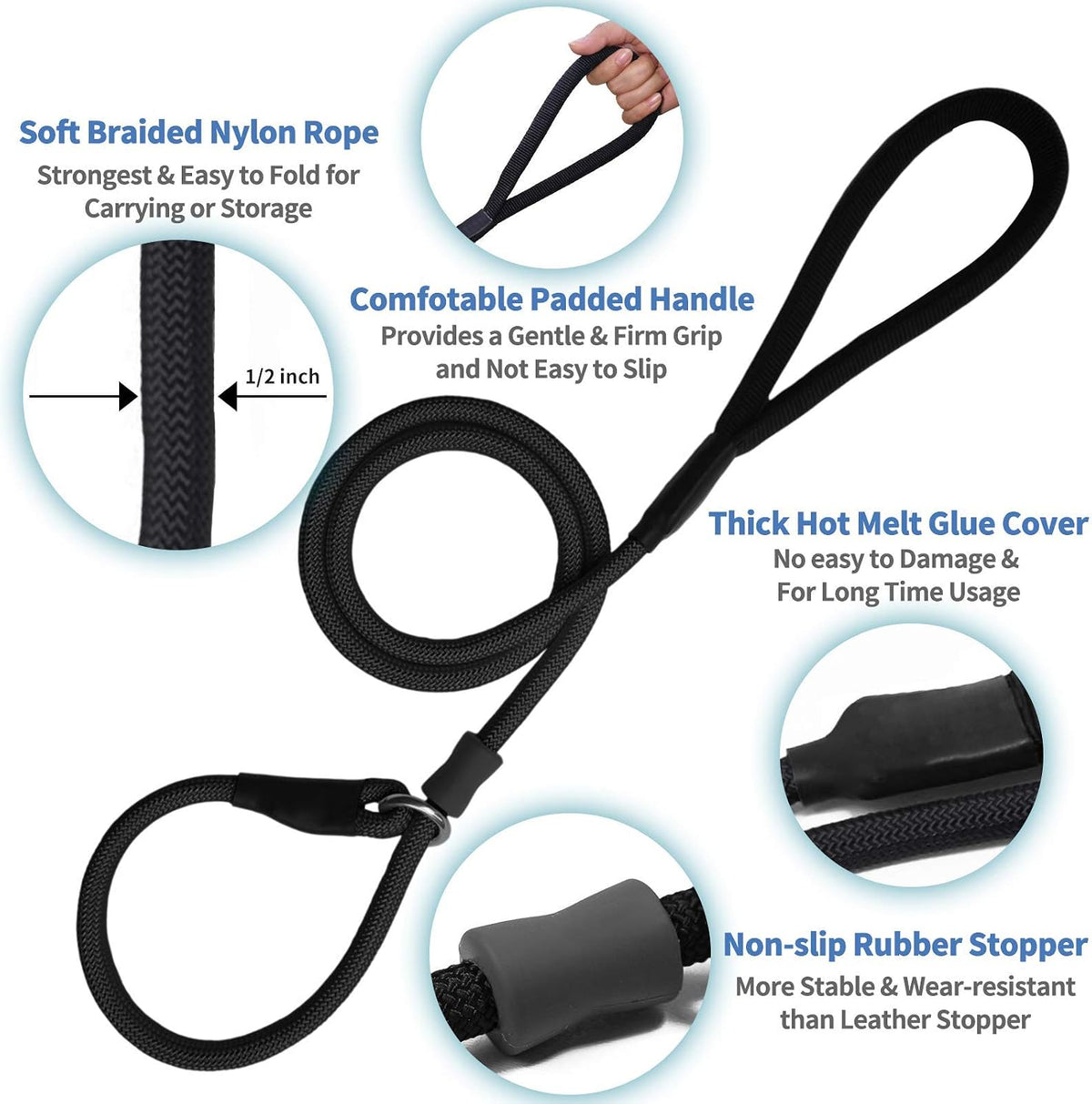 Four feet long black nylon slip lead shown in a full length layout.