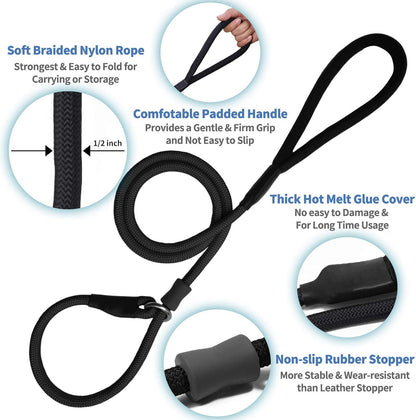 Four feet long black nylon slip lead shown in a full length layout.