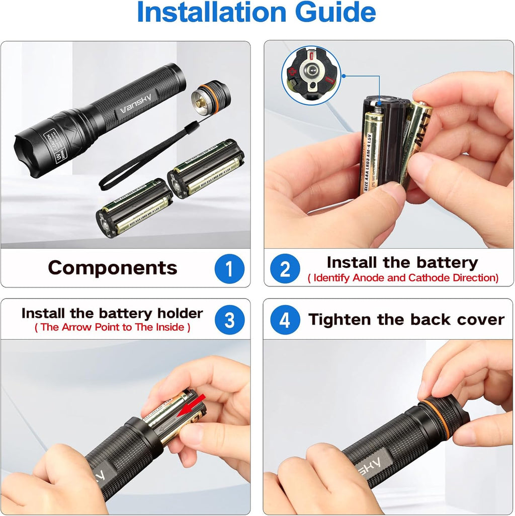 Vansky pocket sized portable black light tool shown with the included six alkaline batteries.