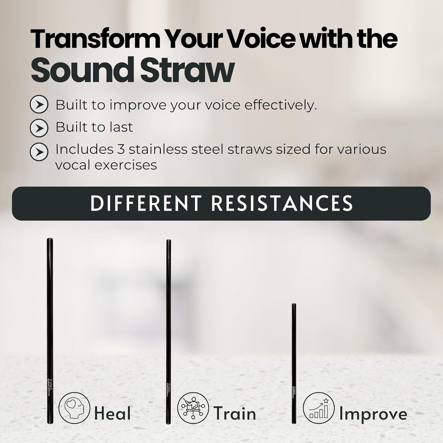 Close up view of the durable stainless steel singing straw used for voice therapy exercises.