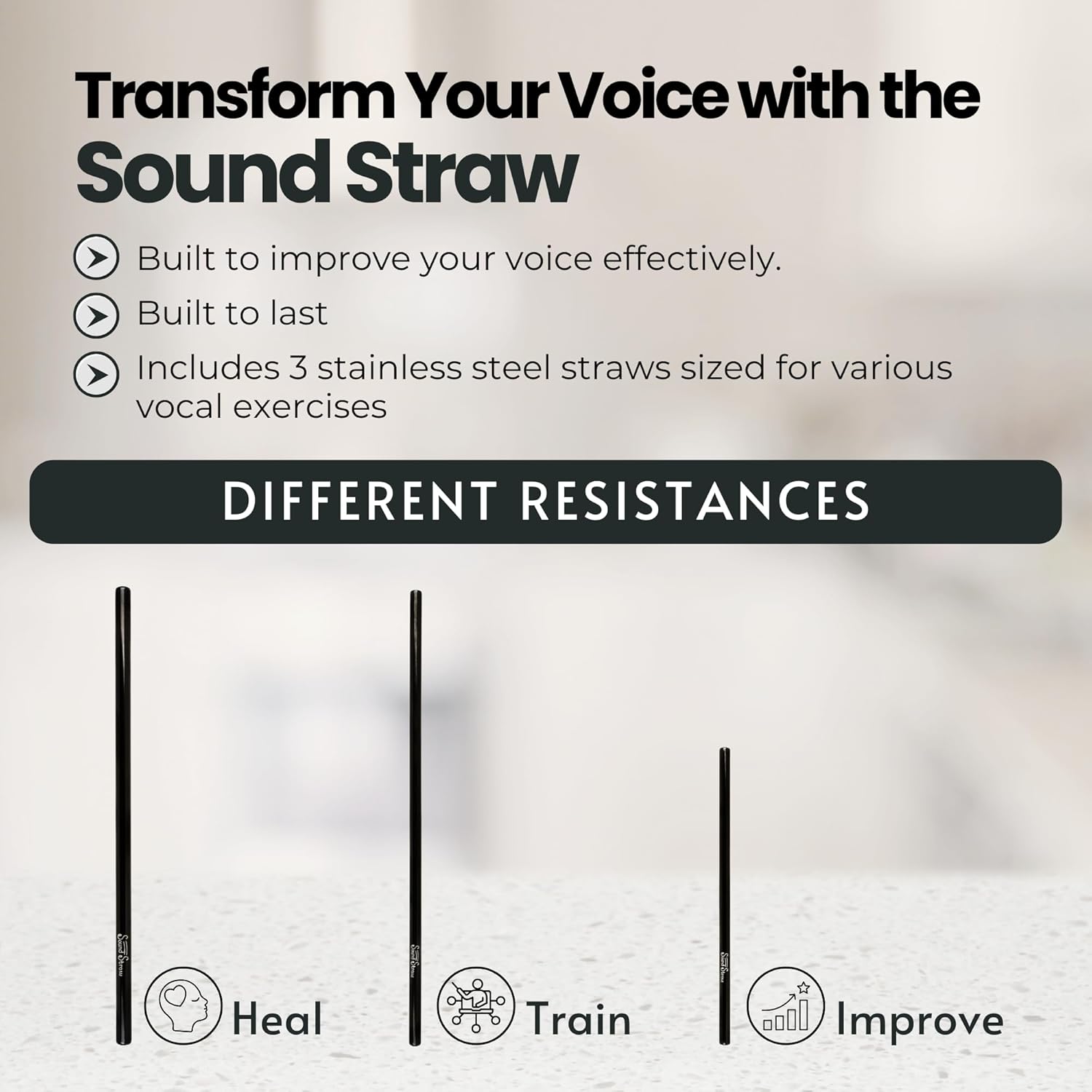 Close up view of the durable stainless steel singing straw used for voice therapy exercises.