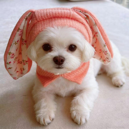 Side profile of pet wearing pink rabbit quiet ears