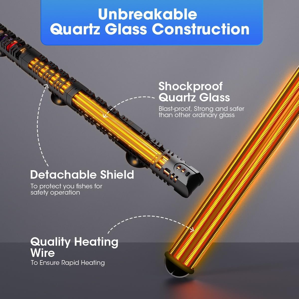 MQ 300W fish tank heater installed inside a glass aquarium with blue gravel